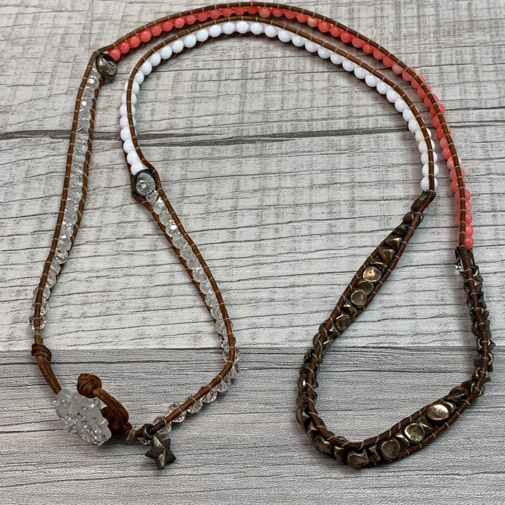 Boho Leather Wrap Necklace Bracelet Coral White Clear Beads Star Charm 28"